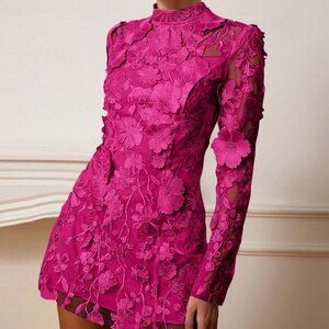 Hot Pink Elegant Women's Embroidery Floral Embroidered long sleeve Mesh dress